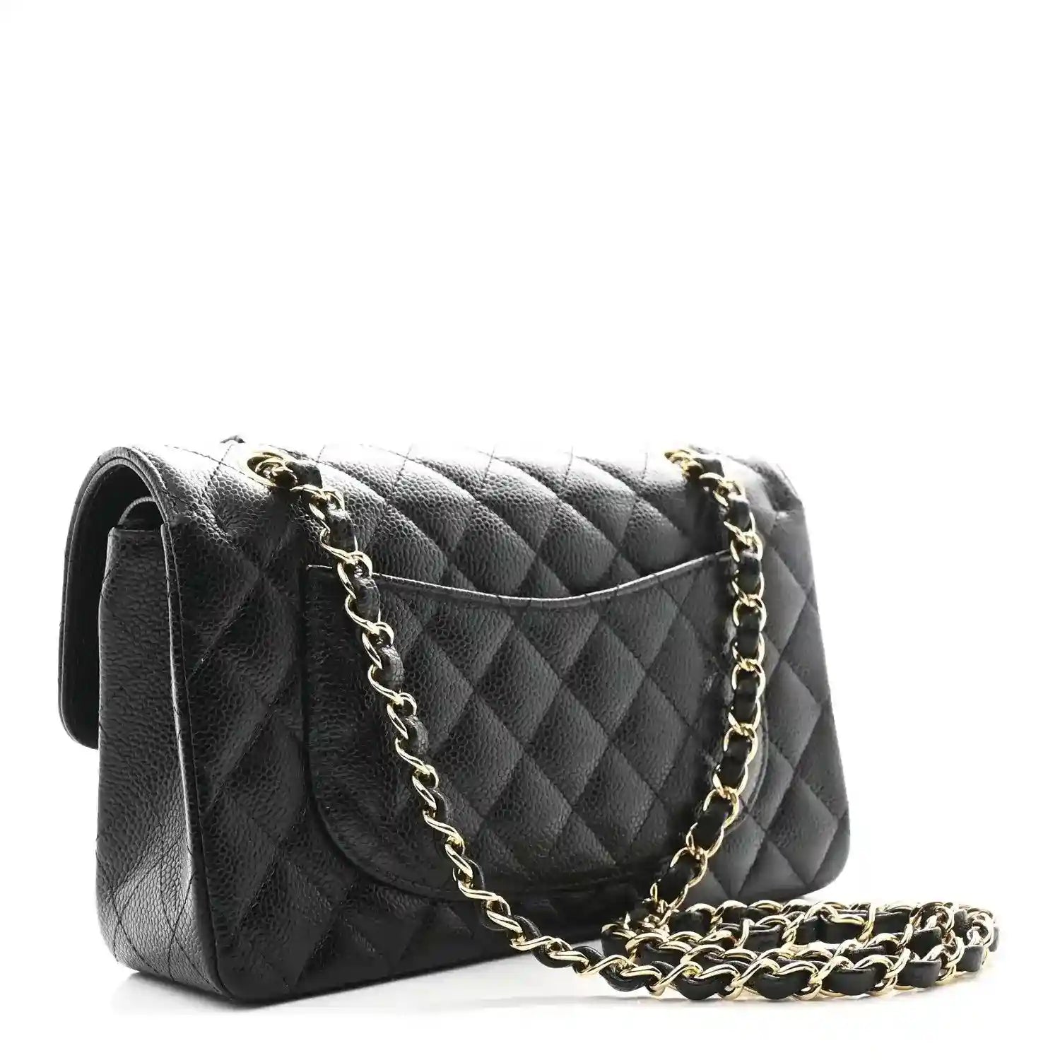 Chanel small double flap bag with quilted black leather texture and gold chain strap