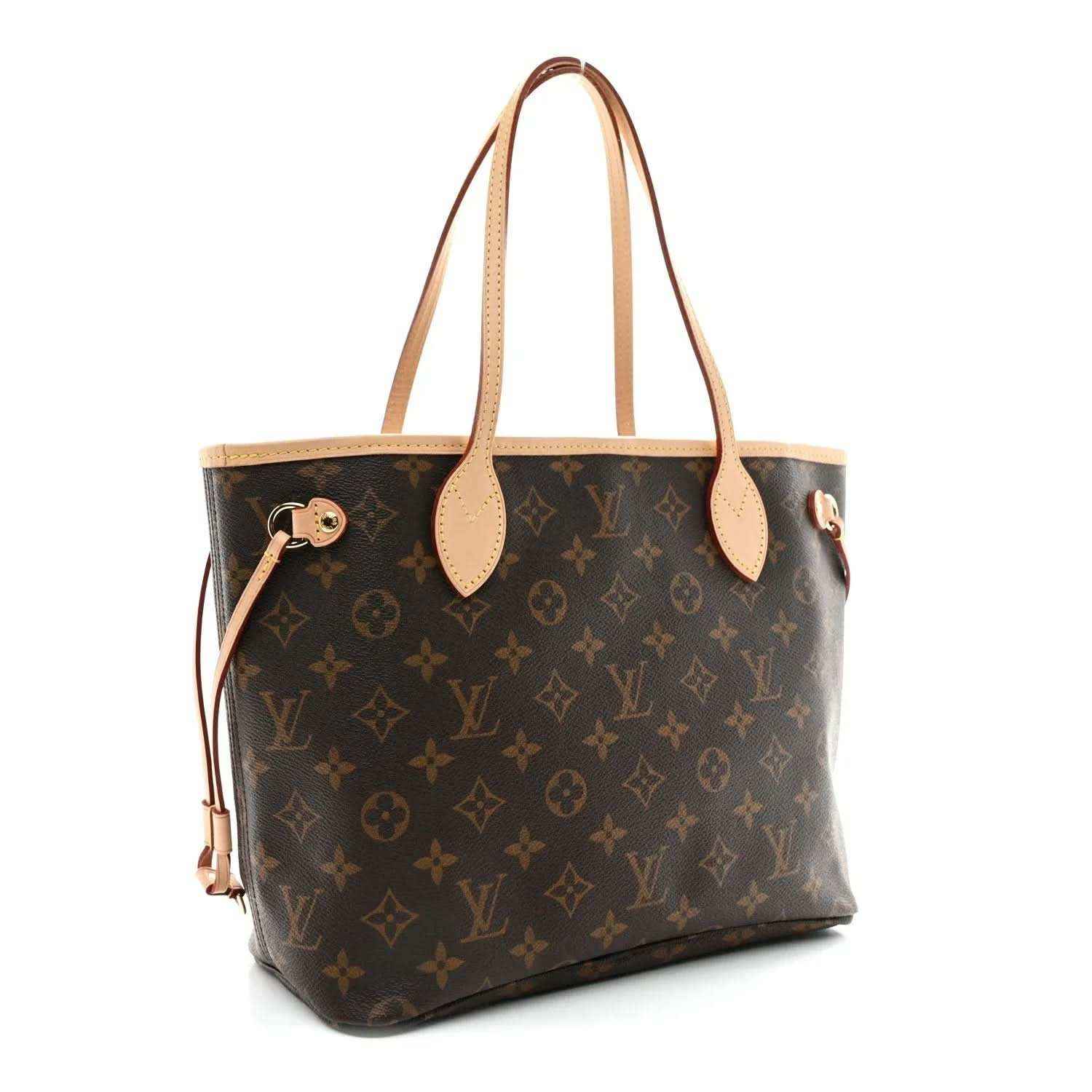 Monogram canvas tote bag angled view with tan leather handles and gold top clasp hardware