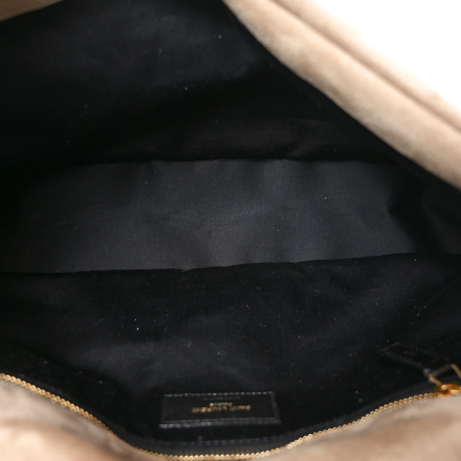 Saint Laurent Calypso bag interior lining, black fabric and gold zipper trim