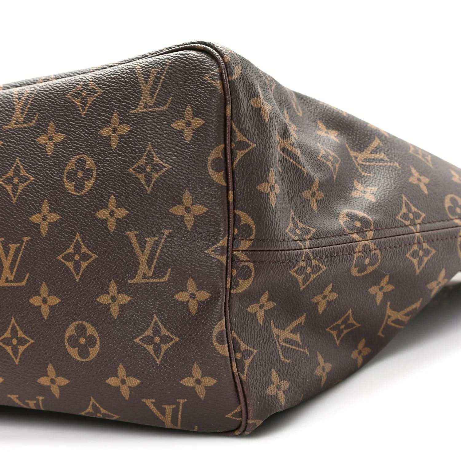 Louis Vuitton monogram tote bag in brown canvas with leather trim, corner detail