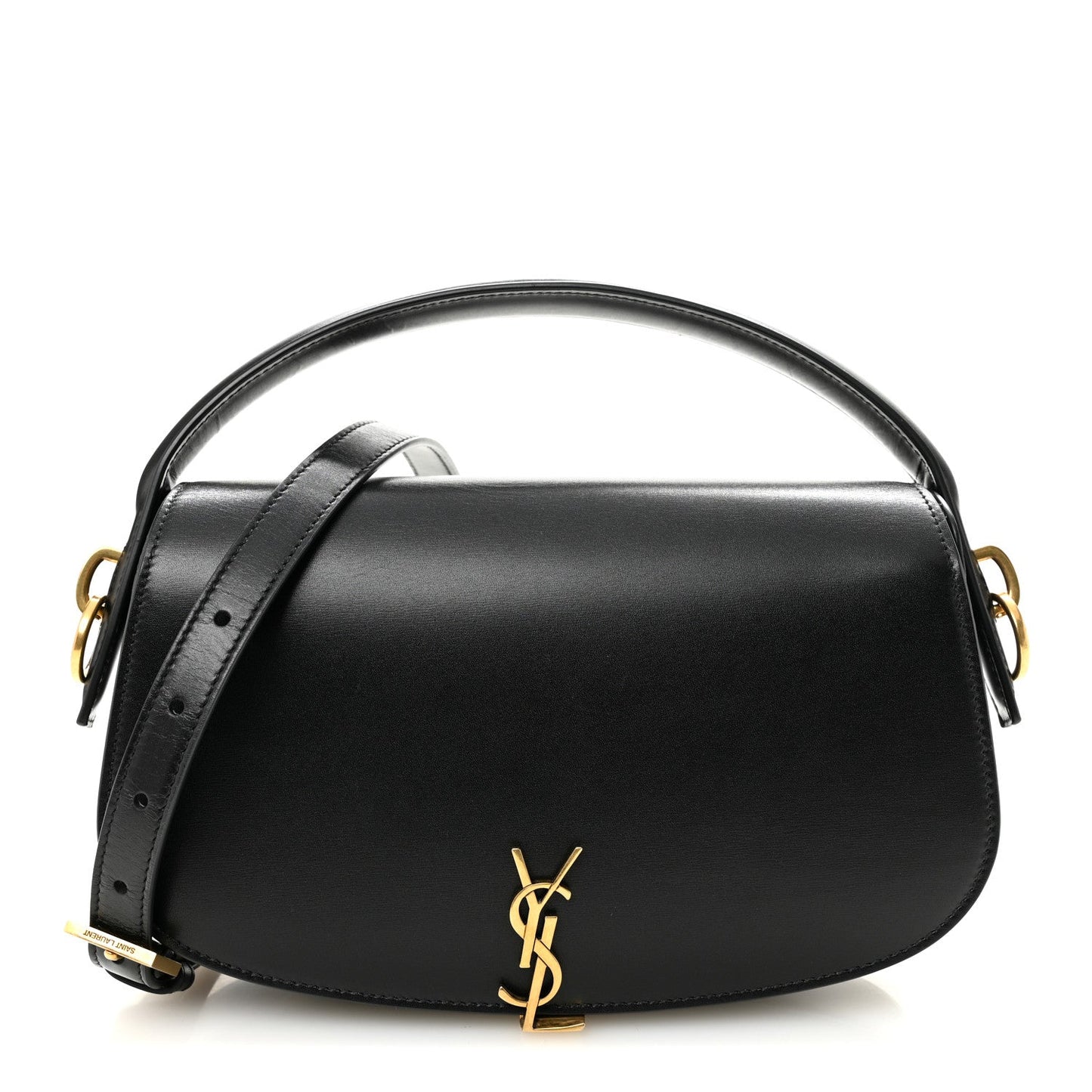 Black box-calf Voltaire top-handle crossbody bag with gold YSL logo clasp.