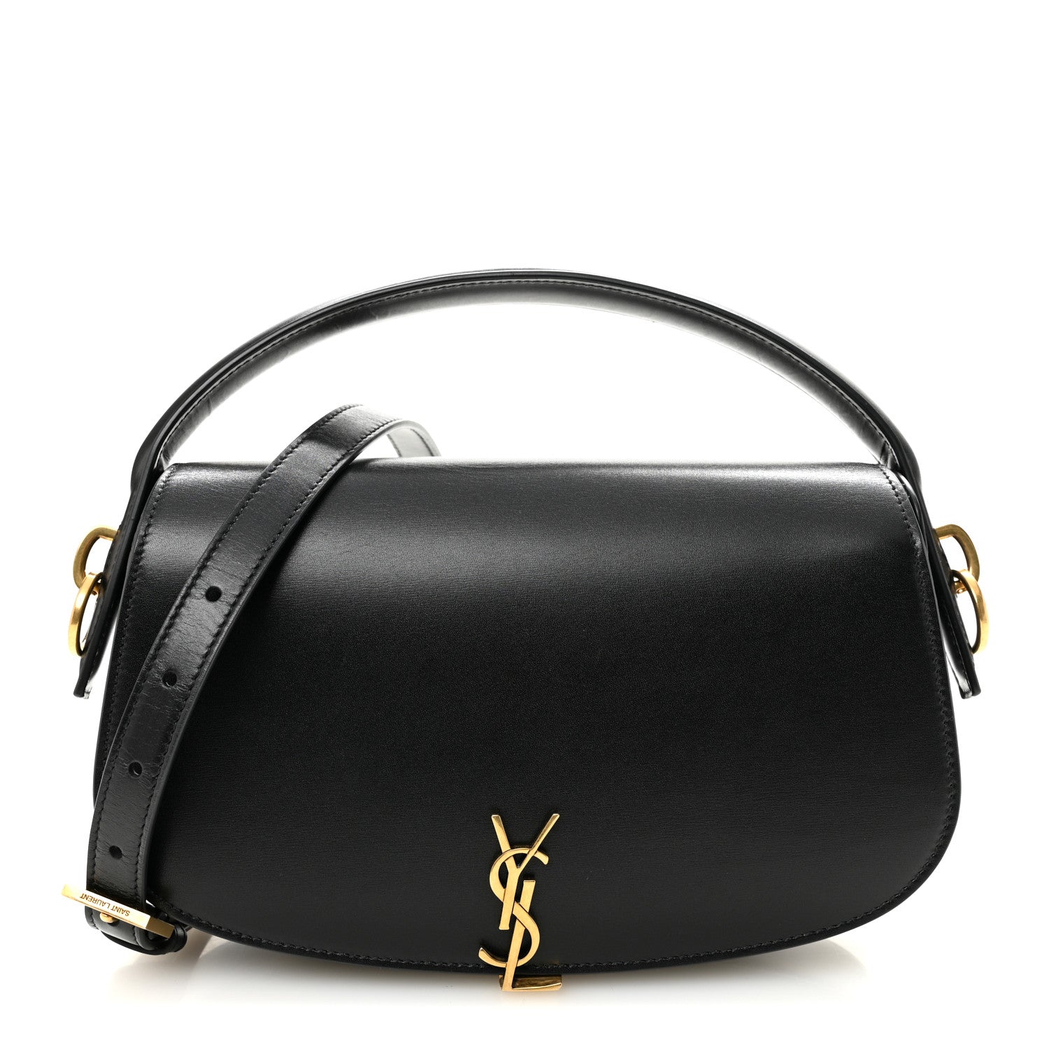 Black box-calf Voltaire top-handle crossbody bag with gold YSL logo clasp.