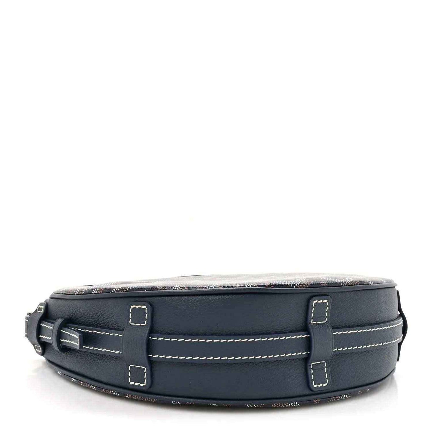 Navy leather shoulder bag base with dual buckle straps and white stitching