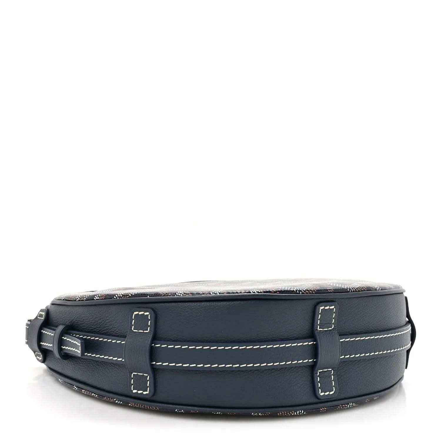 Navy leather shoulder bag base with dual buckle straps and white stitching