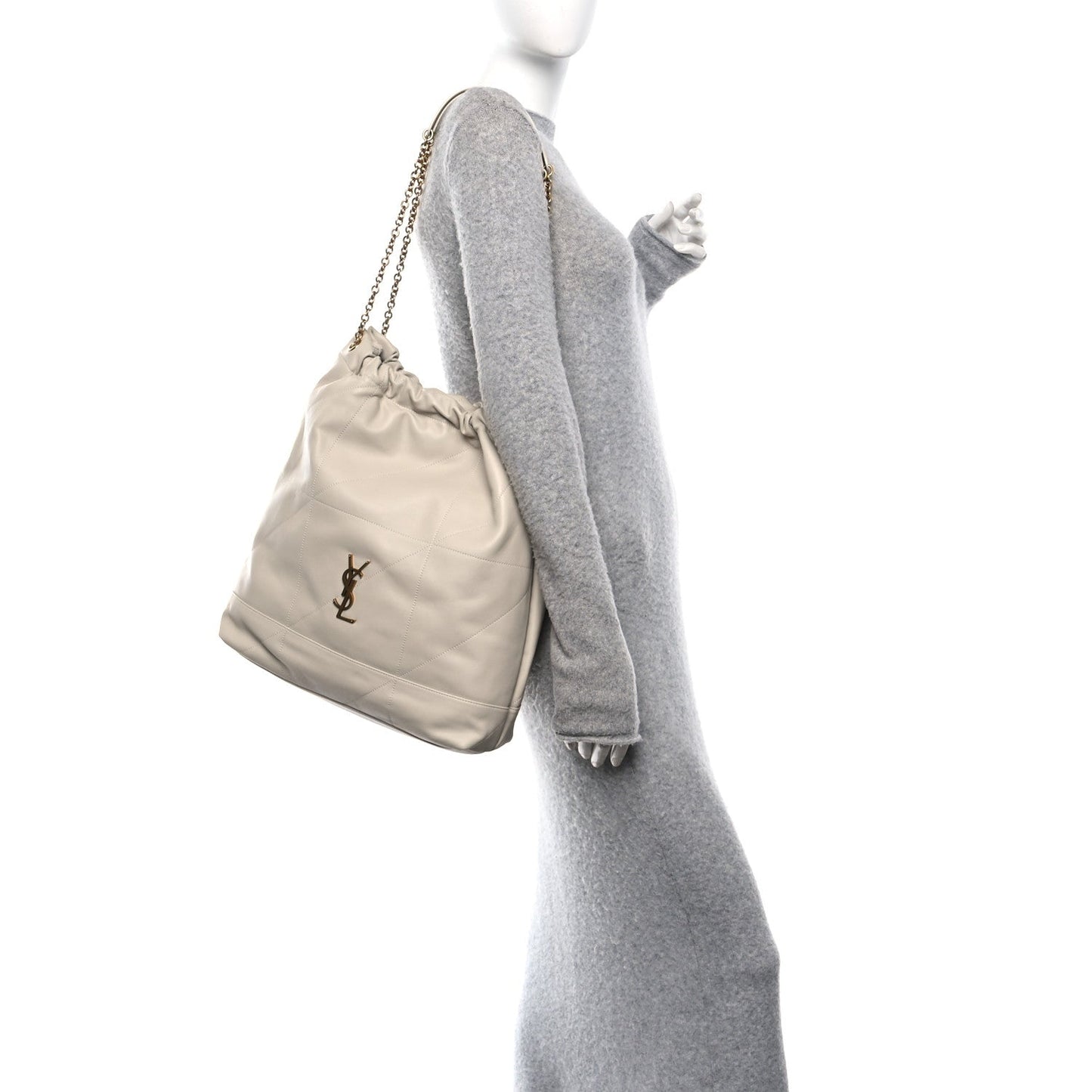 Off-white lambskin shoulder bag on person, YSL logo and chain strap