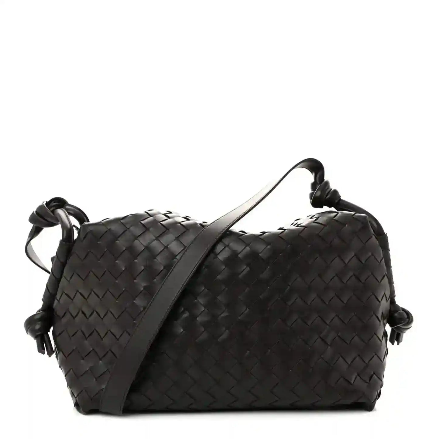 Black woven leather weekender bag with loop handles and knotted side cords