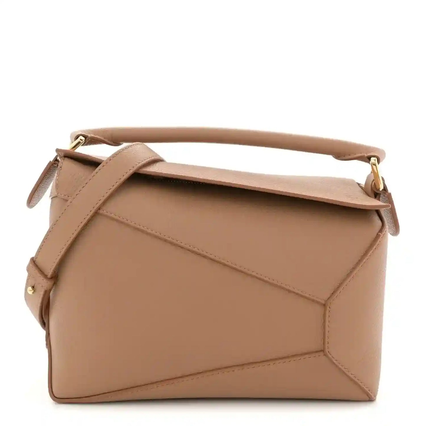 Loewe Puzzle Edge small bag in toffee grained leather, top handle and shoulder strap