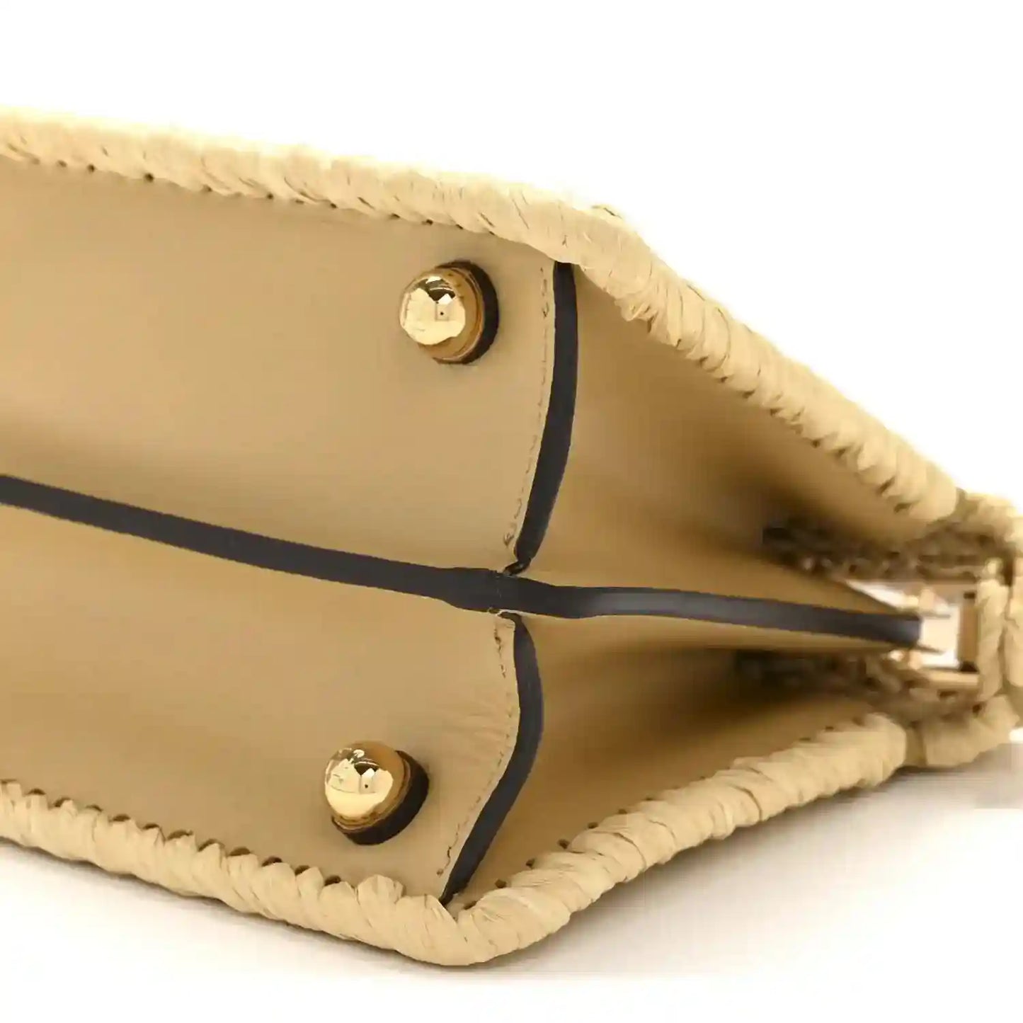 Petite raffia satchel bag open top close-up with tan lining and gold hardware.