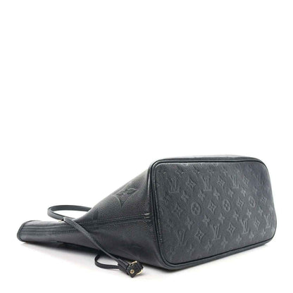 Neverfull MM tote bag, dark black embossed monogram leather, zipper top and strap