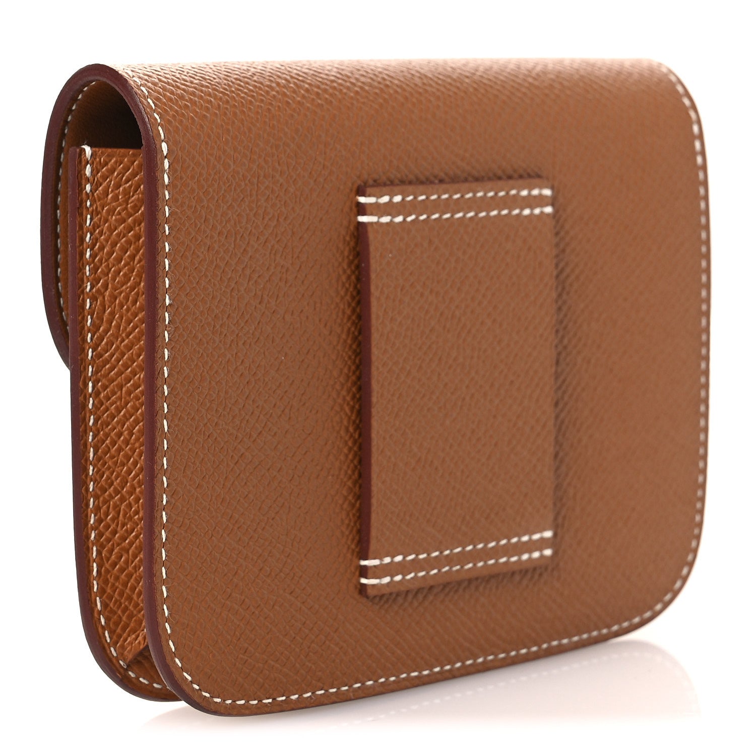 Constance slim wallet side view with stitched interior card pocket in tan leather