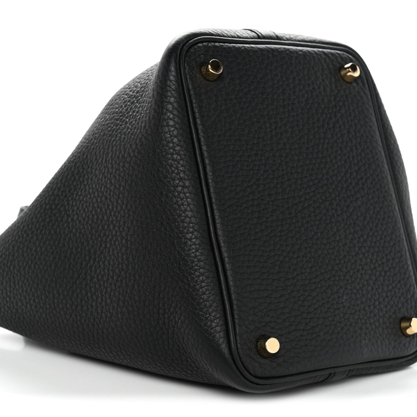 Black textured leather tote with gold corner studs and structured shape