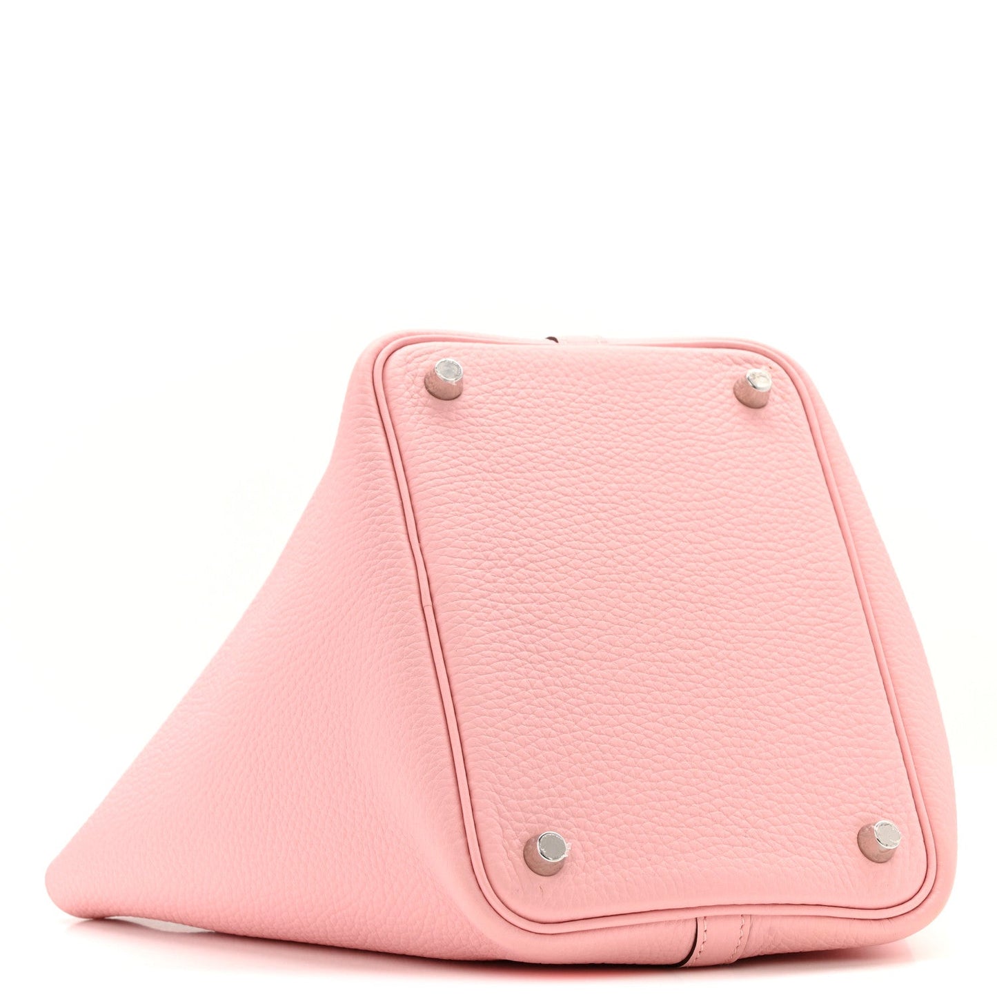 Rose pink leather handbag with triangular top, silver corner studs