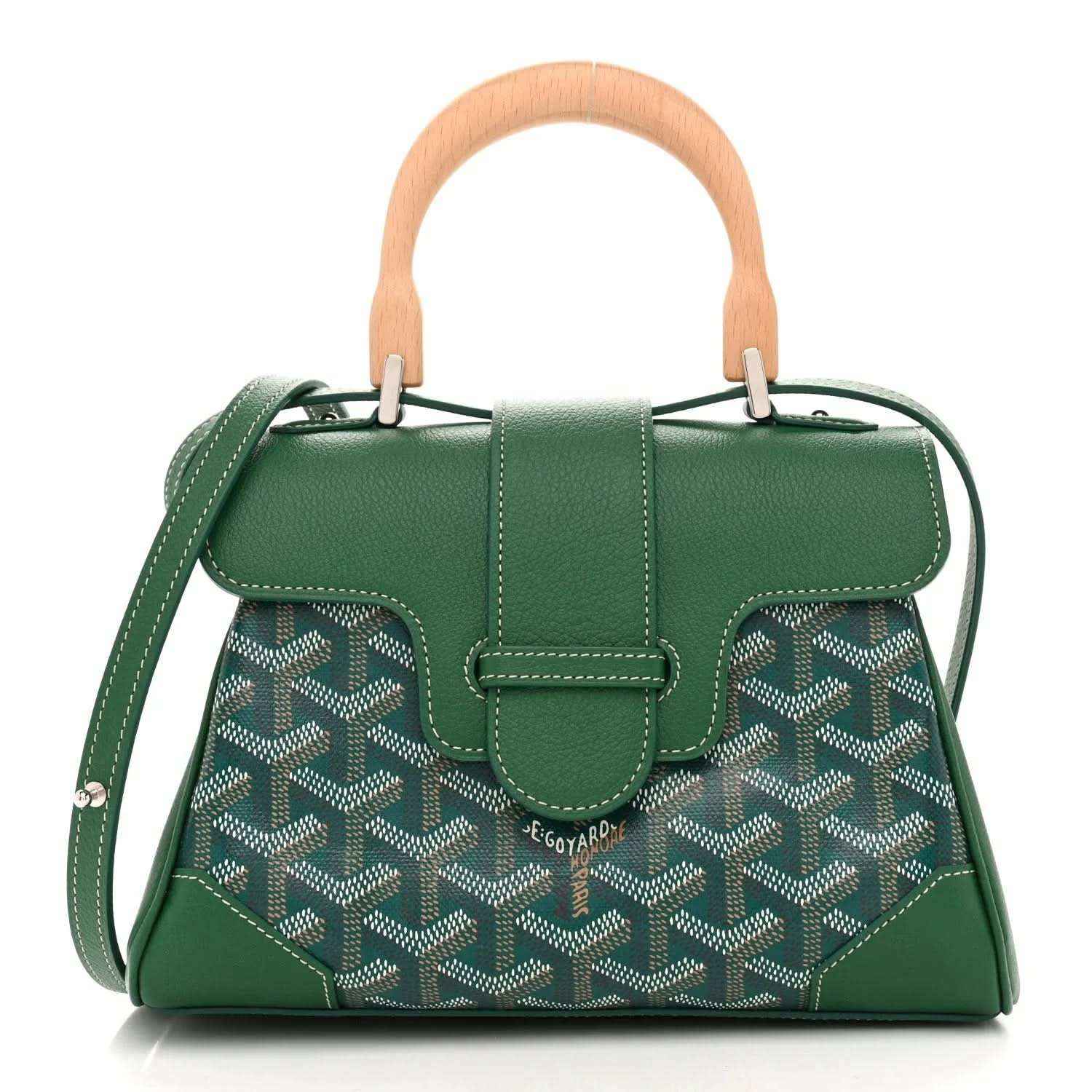 Goyard mini Saigon bag in green chevron canvas with top handle, flap, and crossbody strap