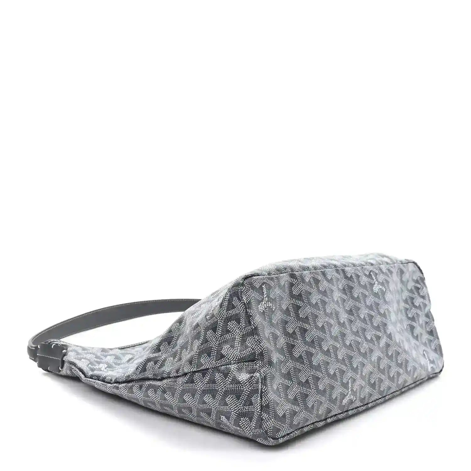 Grey hobo bag laid on its side, repeating Goyard logo canvas and top handle