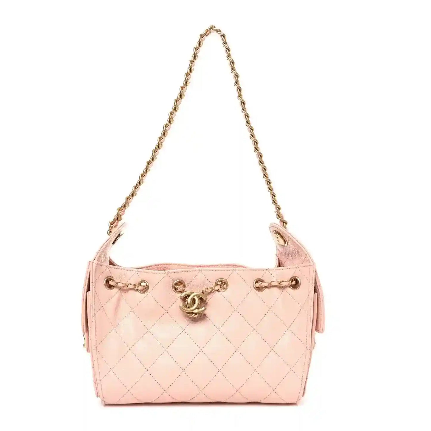 Light pink quilted mini handbag with chain shoulder strap and gold-tone turn-lock clasp