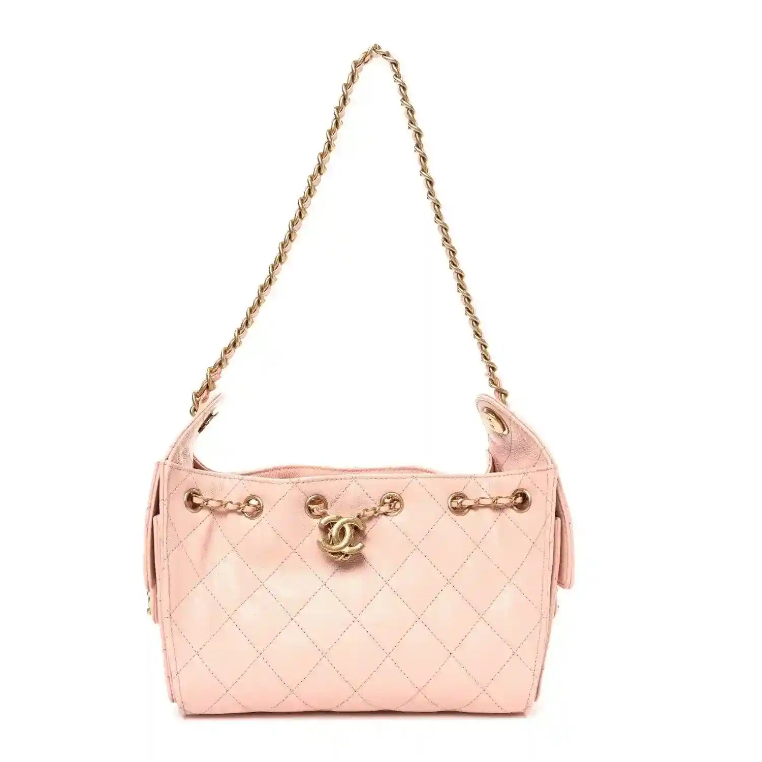 Light pink quilted mini handbag with chain shoulder strap and gold-tone turn-lock clasp