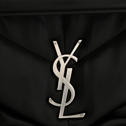 Black lambskin quilted satchel with silver YSL monogram hardware at front