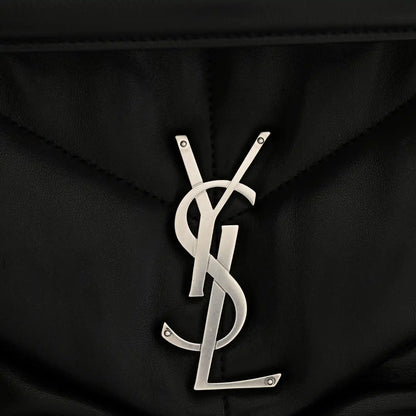 Black lambskin quilted satchel with silver YSL monogram hardware at front