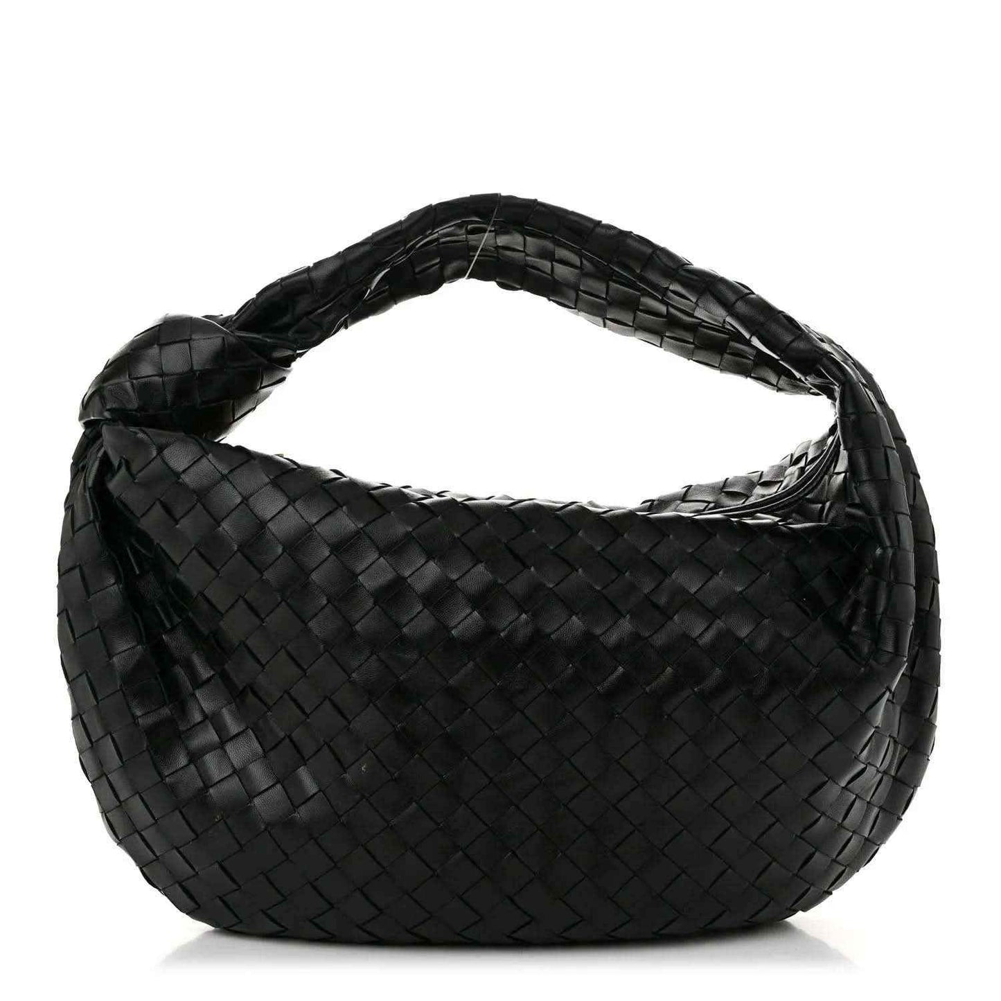 Small black leather shoulder bag with intrecciato woven hobo silhouette