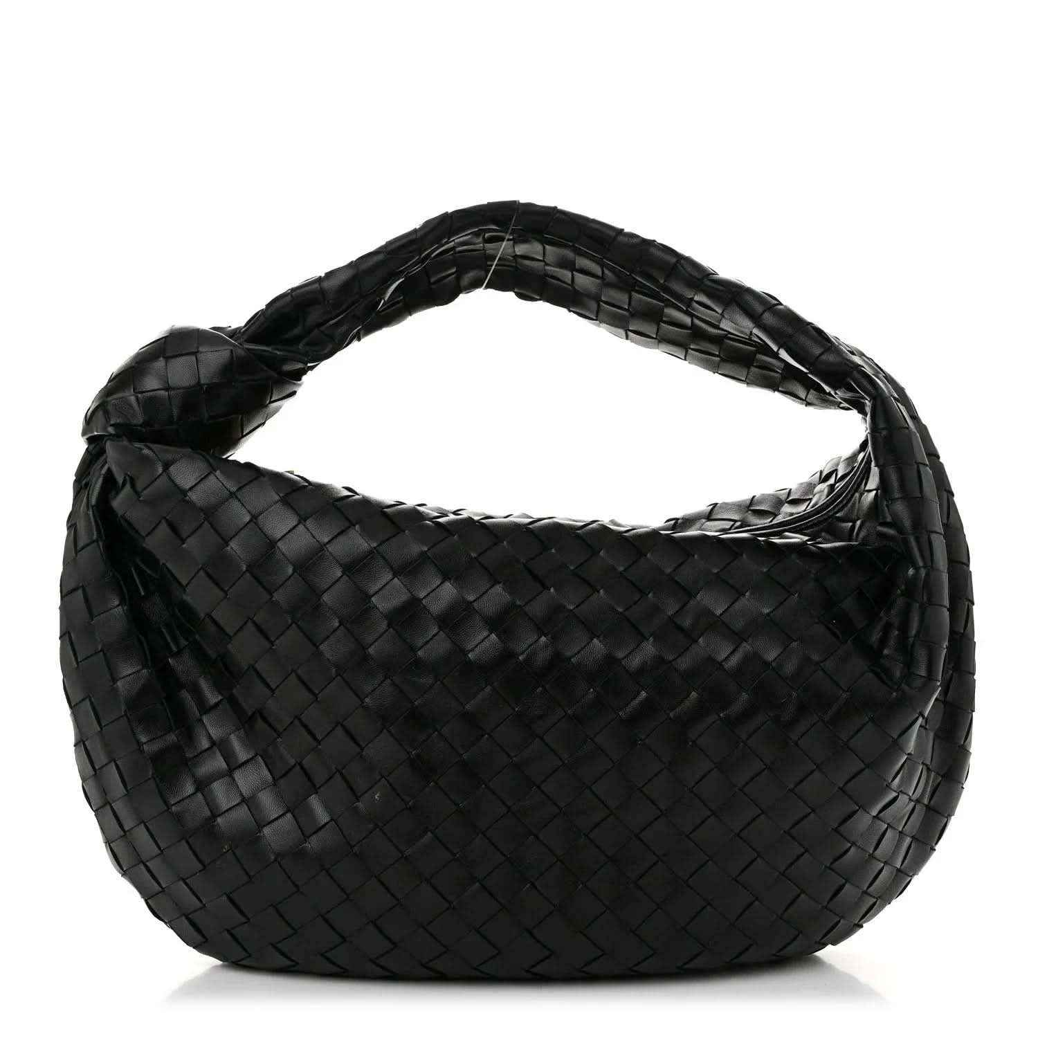 Small black leather shoulder bag with intrecciato woven hobo silhouette