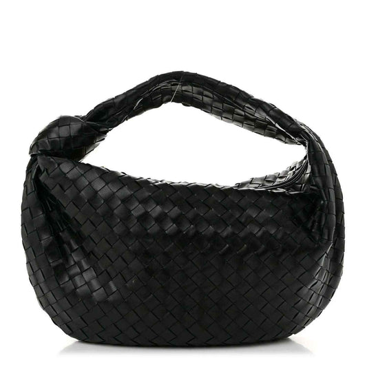 Small black leather shoulder bag with intrecciato woven hobo silhouette