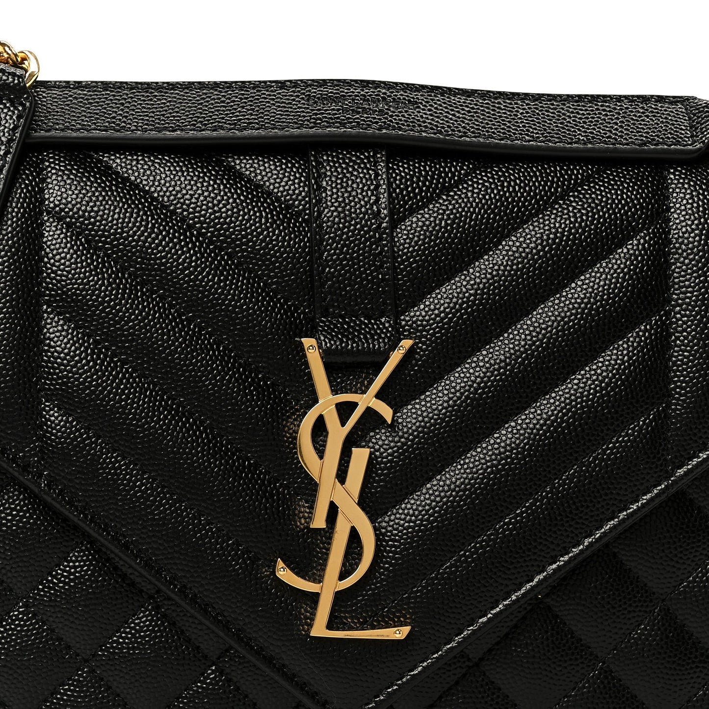 Black satchel flap with textured quilting and gold YSL monogram