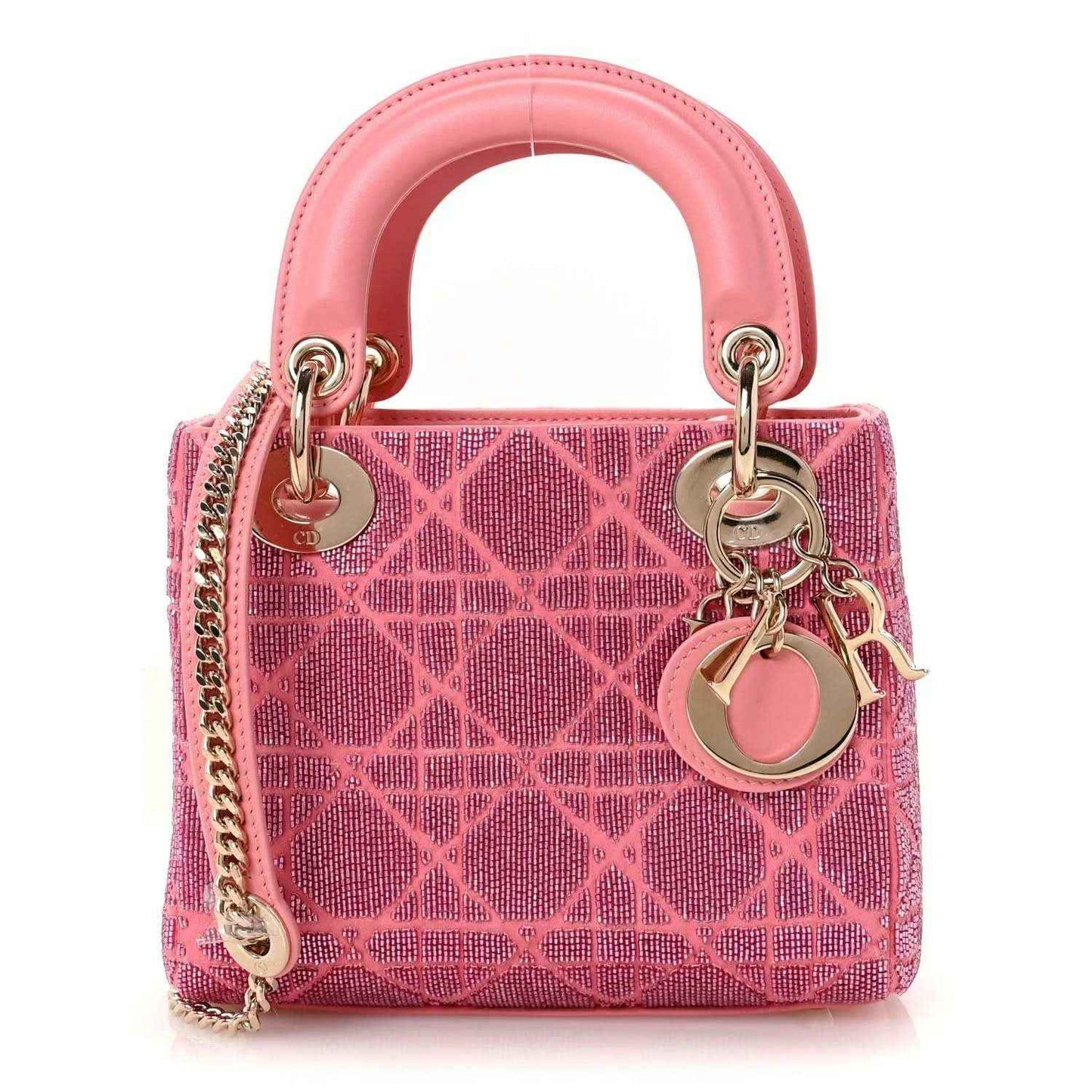 Mini Lady Dior handbag in light pink beaded lattice with top handles and chain strap