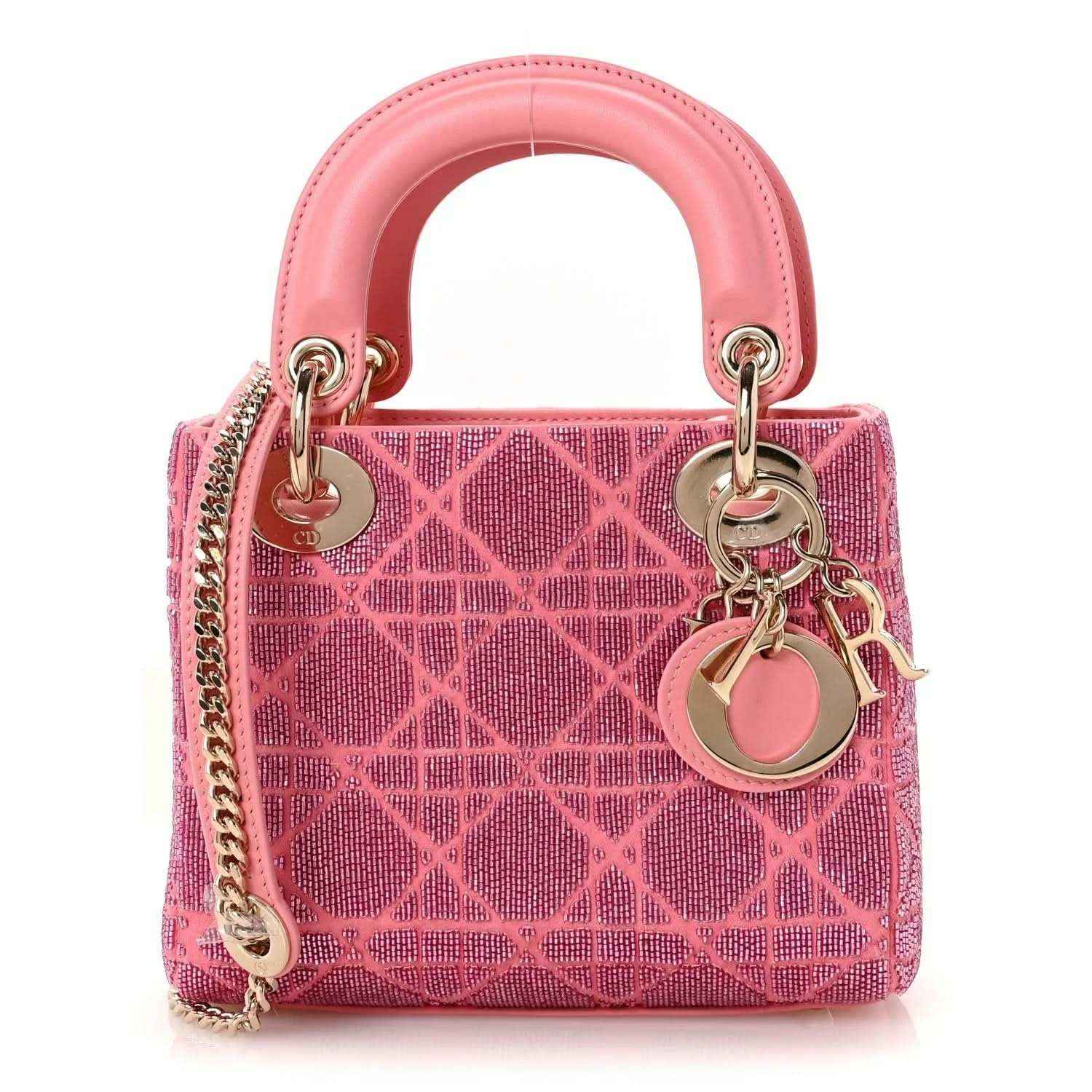 Mini Lady Dior handbag in light pink beaded lattice with top handles and chain strap