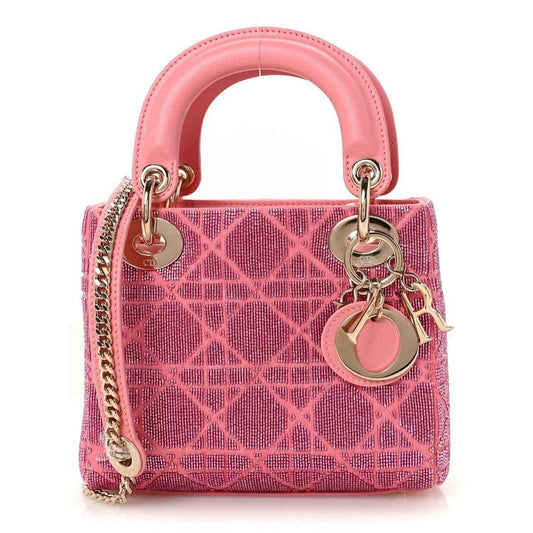 Mini Lady Dior handbag in light pink beaded lattice with top handles and chain strap