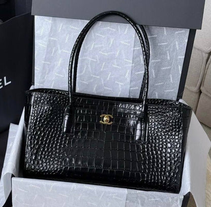 Black croc-embossed calfskin small shopping tote with structured sides and logo front