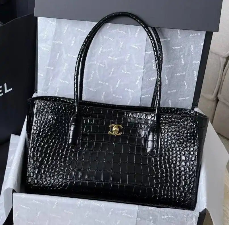 Black croc-embossed calfskin small shopping tote with structured sides and logo front
