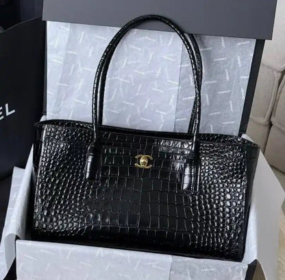 Black croc-embossed calfskin small shopping tote with structured sides and logo front