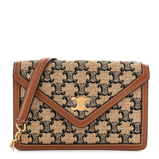 Tan and black jacquard Triomphe wallet on chain with brown leather edges