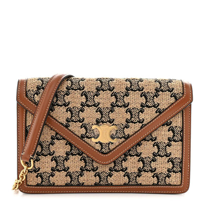 Tan and black jacquard Triomphe wallet on chain with brown leather edges