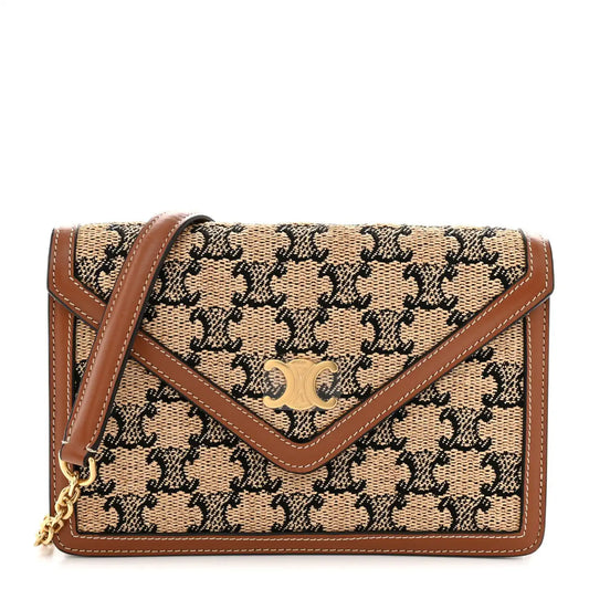 Tan and black jacquard Triomphe wallet on chain with brown leather edges
