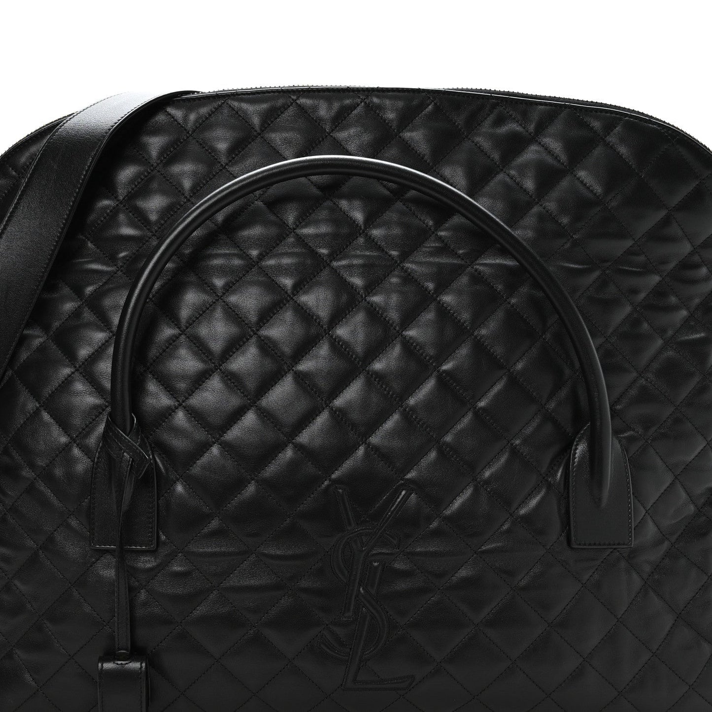 Black quilted leather travel bag with curved handle and embossed monogram on front