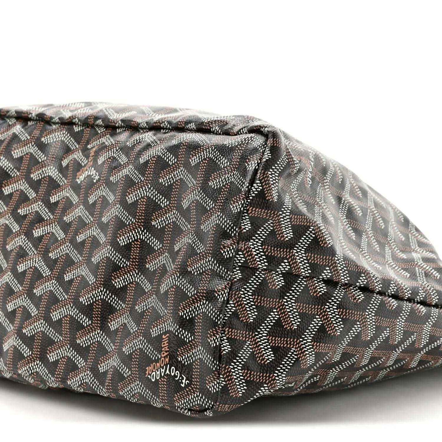 Black patterned pouch bottom with stitched edge and logo stamp