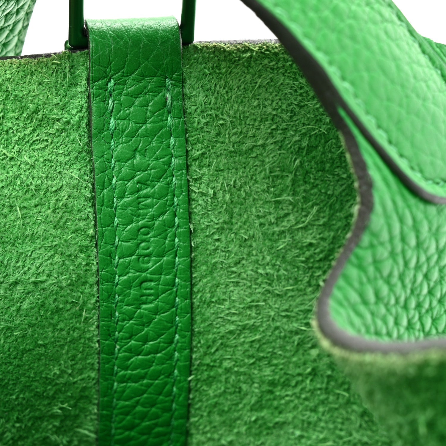 Green leather Picotin Lock 18 PM tote bag close-up of handle seam and stitching