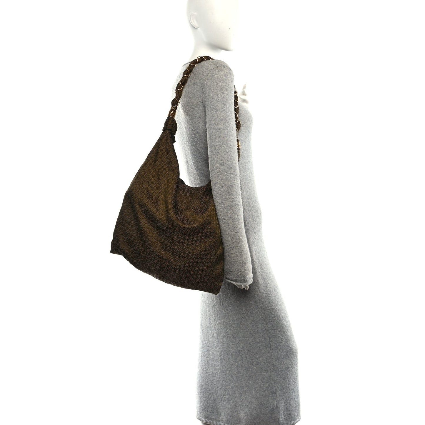 Hobo bag with braided handle, side view, jacquard medallion pattern, brown/olive fabric.