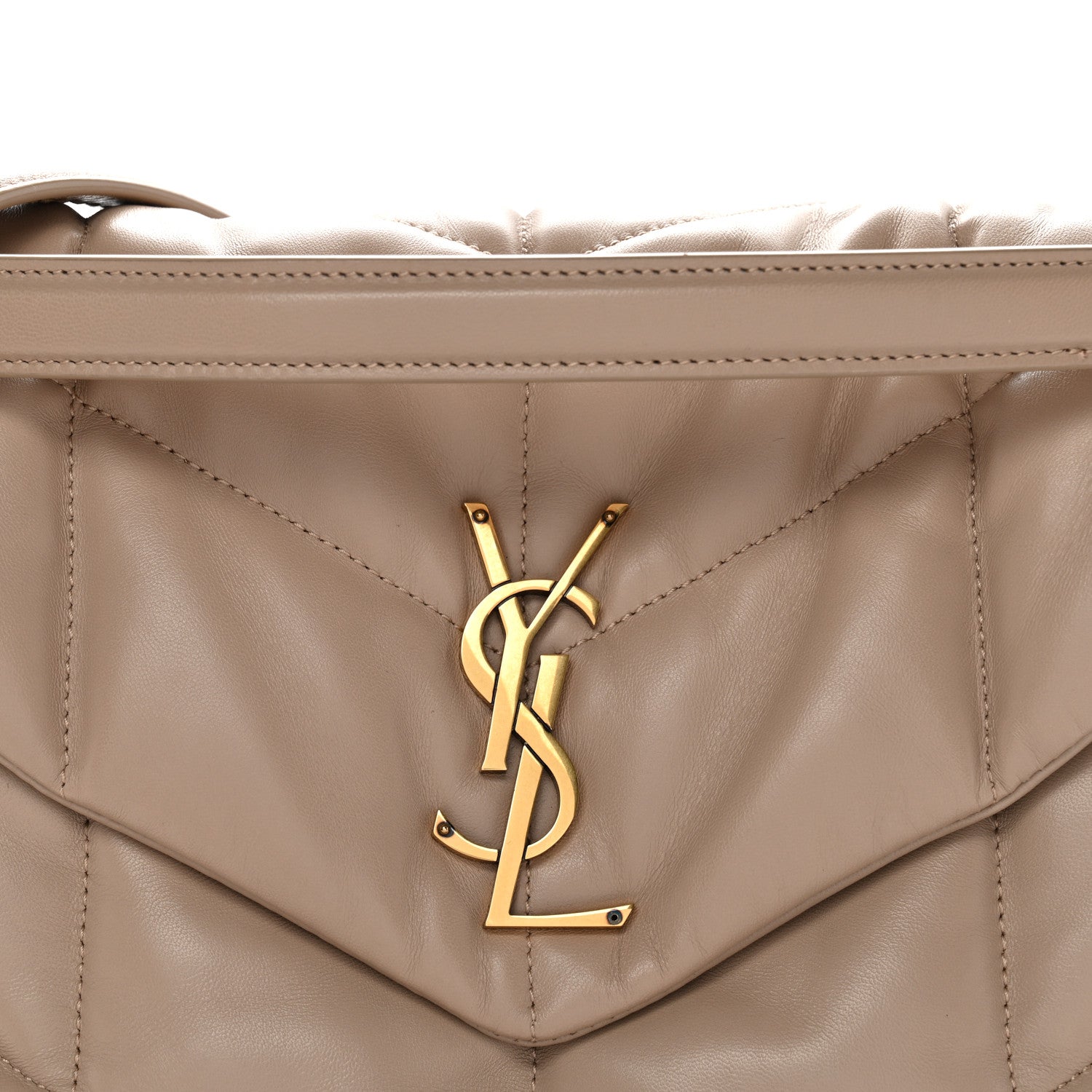 Dark beige flap front of quilted satchel with YSL logo hardware