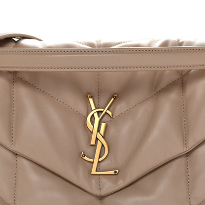 Dark beige flap front of quilted satchel with YSL logo hardware