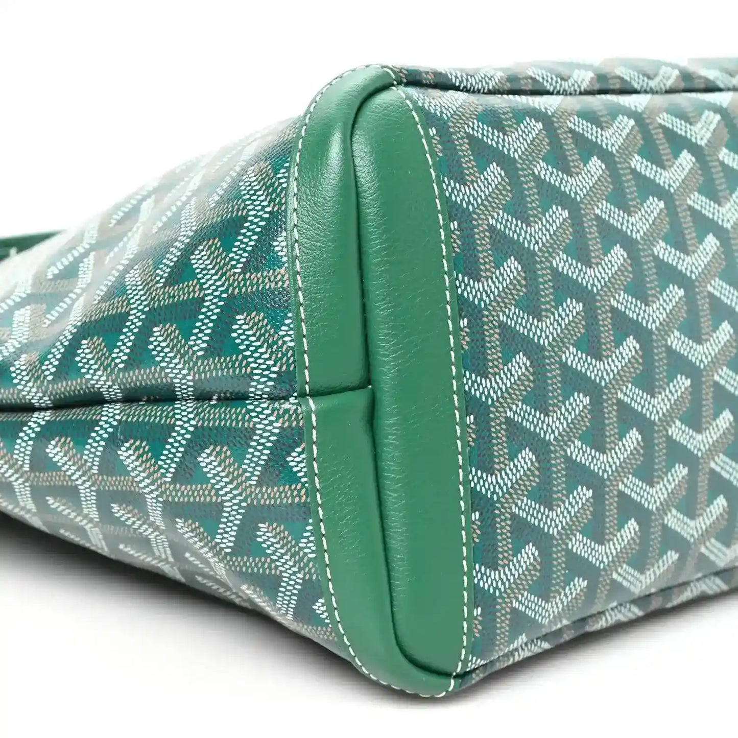 Green Goyardine Artois PM tote bag, corner close-up with seam stitching and trim