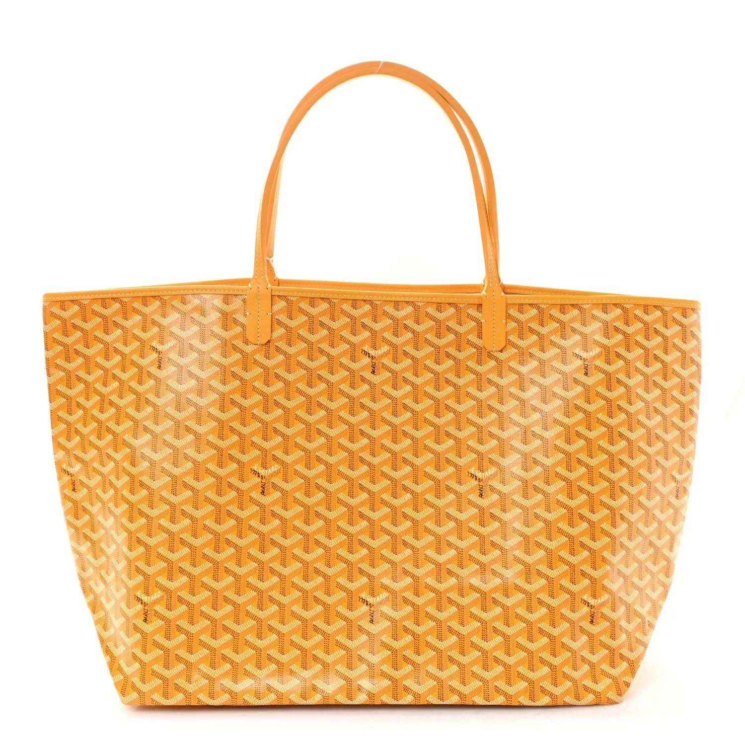 Yellow canvas tote bag with Goyardine pattern and leather-look top handles