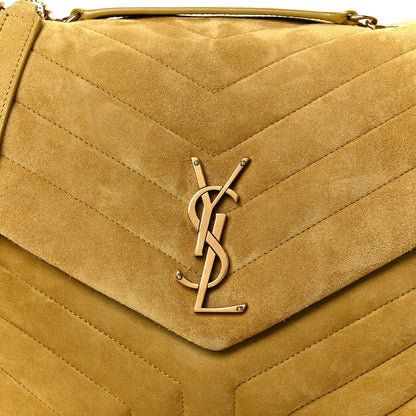 Chartreuse suede quilted flap with YSL monogram hardware centerpiece