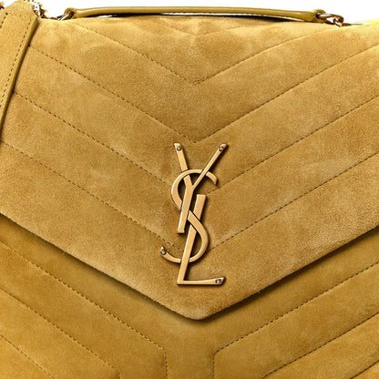 Chartreuse suede quilted flap with YSL monogram hardware centerpiece