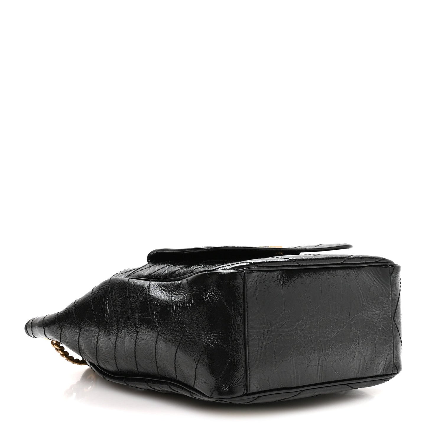 Black leather tote base view with diamond quilting and smooth side panel
