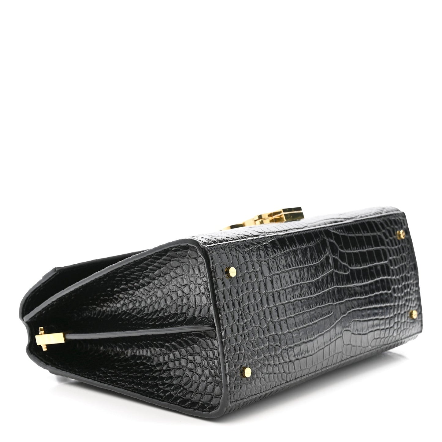 Black crocodile-embossed medium top handle bag with gold feet and side flap