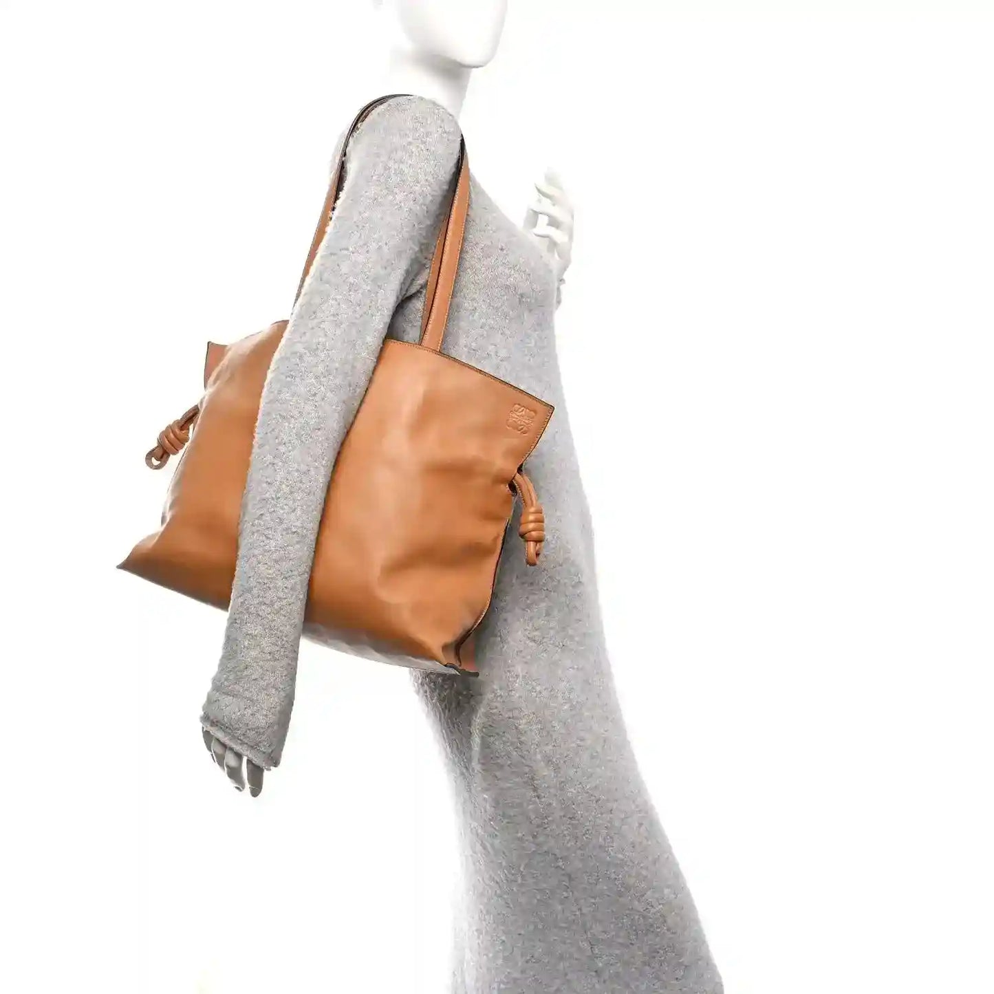 Loewe large Flamenco knot bag with braided leather ties, warm tan calfskin leather.