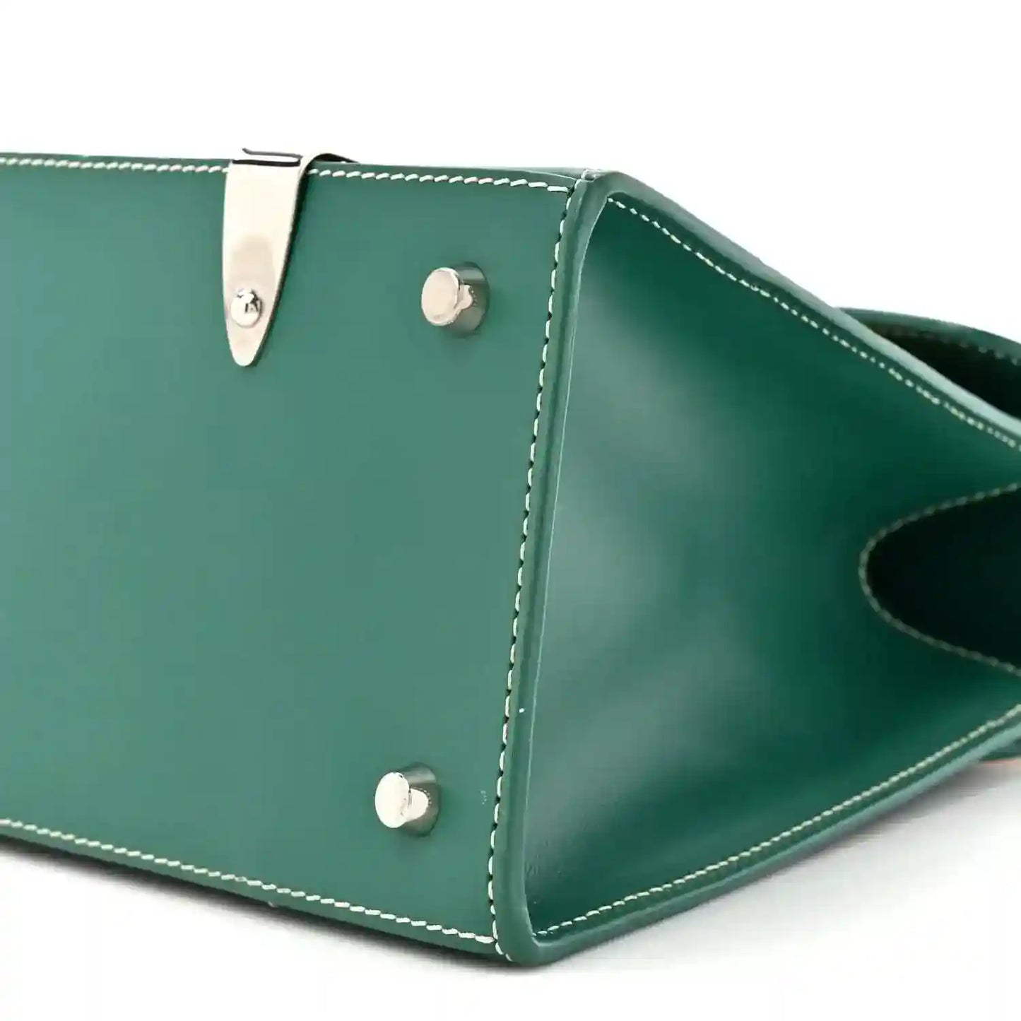 Goyard Saigon PM green canvas bag side panel with metal snap and leather trim
