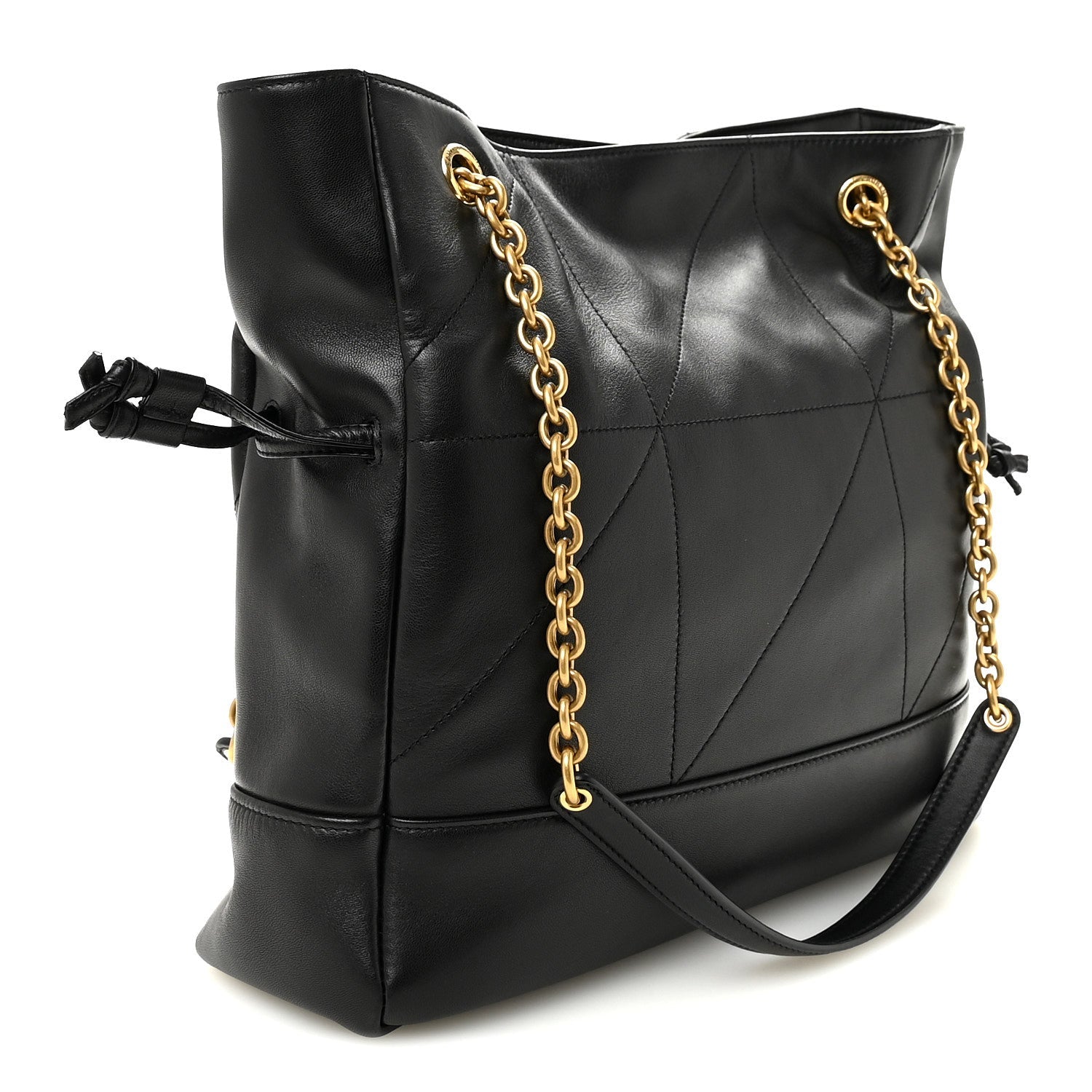 Black quilted lambskin tote with gold chain handles and leather shoulder strap.